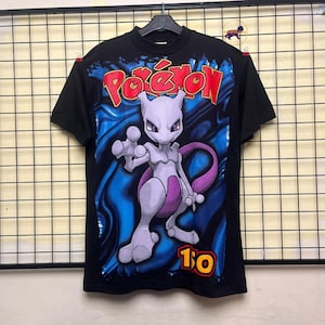 Mewtwo Ash Pikachu dubbelzijdig anime-shirt, vintage jaren 90 grafisch T-shirt
