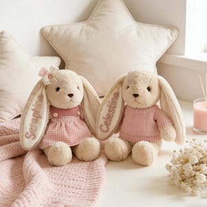 May include: Two plush bunny rabbits in cream and pink. One bunny wears a pink dress with a gingham skirt and the name "Seraphina" embroidered on its ear. The other bunny wears a pink sweater and has the name "Celestina" embroidered on its ear.