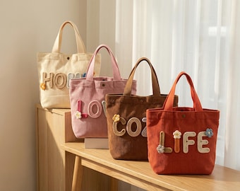 Personalized Corduroy Bag, Custom Name Tote, Crochet Kids Shoulder Bag, Children’s Everyday Purse