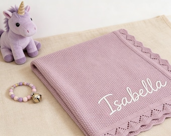 Embroidered Organic Cotton Knit Baby Blanket, Personalized Newborn Gift
