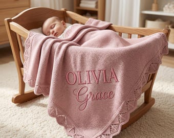 Manta de bebé bordada personalizada, manta tejida con nombre personalizado, recuerdo para recién nacido, regalo para baby shower