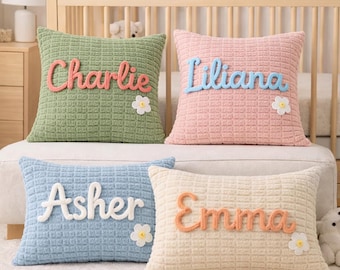 Almohada de pana personalizada con nombre bordado a mano, decoración para habitación infantil