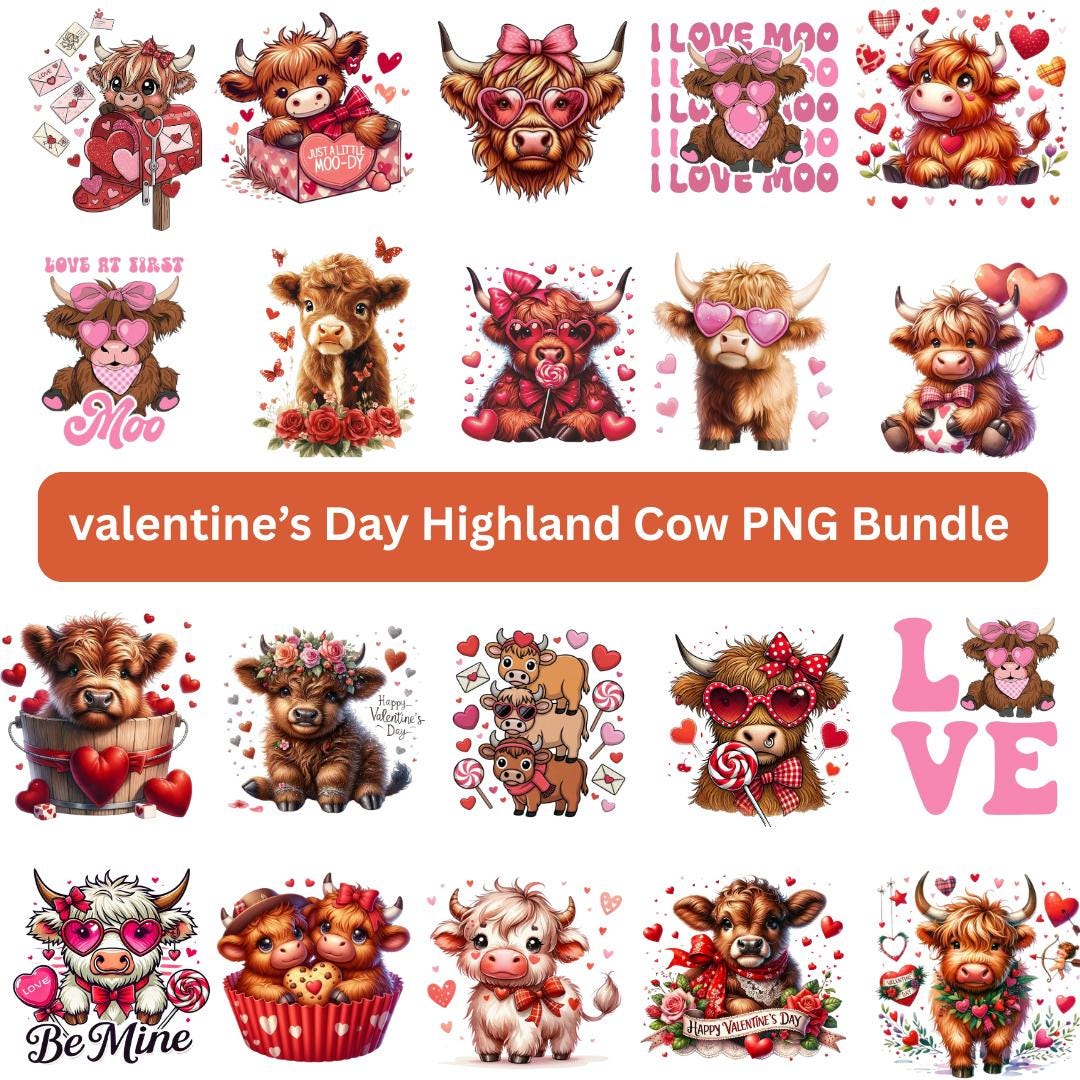 Valentines Day Highland Cow PNG, Cute Cow Valentine Clipart, Love