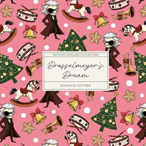 Drosselmeyer Kerst Naadloos Patroon, Roze Notenkraker Digitaal Papier, Notenkraker Feestdag Print, Schommelpaard Ontwerp, Speelgoedmaker Clipart