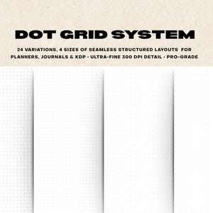 Puede incluir: Imagen que presenta un patrón de cuadrícula de puntos blancos, ideal para planificadores y diarios. El texto en la parte superior dice "DOT GRID SYSTEM" y detalla 24 variaciones y 4 tamaños de diseños estructurados sin costuras. La imagen está etiquetada como ultrafina con detalle de 300 DPI.