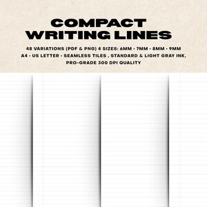May include: Digital paper with white writing lines. The text at the top reads "COMPACT WRITING LINES" and lists variations, sizes, and ink colours. The paper is available in A4 and US Letter sizes, with a 300 DPI quality.