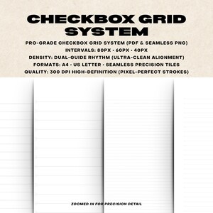 Puede incluir: Una plantilla de sistema de cuadrícula de casillas de verificación digital con el texto CHECKBOX GRID SYSTEM, PRO-GRADE CHECKBOX GRID SYSTEM (PDF & SEAMLESS PNG), INTERVALS: 80PX 60PX 40PX, DENSITY: DUAL-GUIDE RHYTHM, FORMATS: A4 US LETTER, QUALITY: 300 DPI HIGH-DEFINITION.