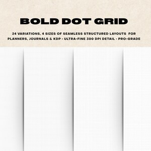 May include: Image shows a white dot grid design with the text "BOLD DOT GRID". The text below reads "24 VARIATIONS, 4 SIZES OF SEAMLESS STRUCTURED LAYOUTS FOR PLANNERS, JOURNALS & KDP ULTRA-FINE 300 DPI DETAIL PRO-GRADE". Suitable for planners and journals.