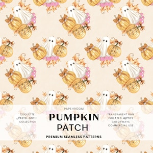Peut inclure: Un motif numérique répétitif composé d'illustrations de fantômes blancs et de citrouilles orange ornées de nœuds roses et de feuilles d'automne. Le texte indique PAPEHROOM PUMPKIN PATCH COQUETTE PASTEL GOTH COLLECTION TRANSPARENT PNG ISOLATED MOTIFS COLORWAYS COMMERCIAL USE PREMIUM SEAMLESS PATTERNS.