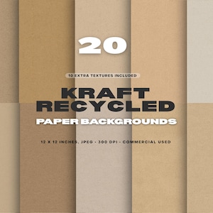 Puede incluir: Imagen digital que presenta una colección de texturas de papel kraft en varios tonos marrones y beige. El texto indica "20", "KRAFT RECYCLED PAPER BACKGROUNDS", y las dimensiones de 12 x 12 pulgadas, formato JPEG y 300 DPI.