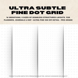 May include: A digital product mockup featuring a white dot grid pattern. The text "ULTRA SUBTLE FINE DOT GRID" is displayed at the top, with additional text indicating variations and uses for planners and journals. The image has a minimalist aesthetic.
