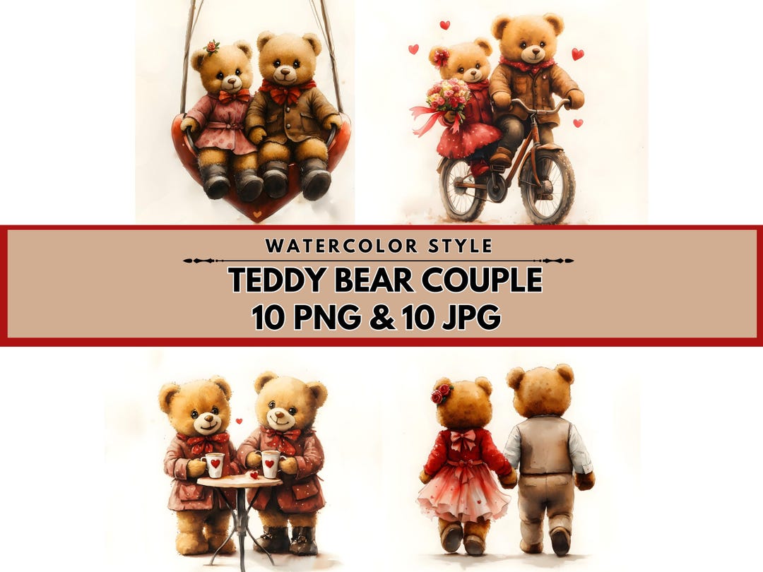 Valentines Teddy Bear Couple Clipart JPG, Watercolor Valentine PNG - Etsy