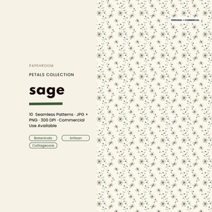 Sage Botanical Seamless Patterns, Floral Surface Design, Green Flower Fabric Print, POD Textile Repeat Tile, Cottagecore