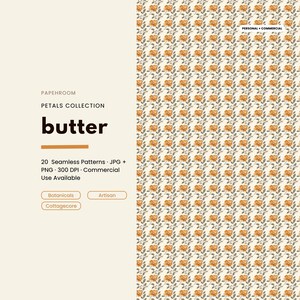 Butter Floral Seamless Pattern, Golden Botanical Digital Paper, Retro Flower Surface Design, Sage Green Cottagecore Craft Download, Tile