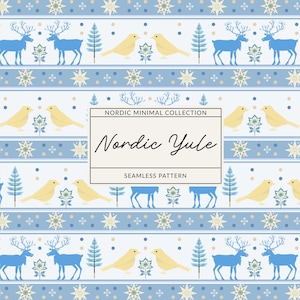Könnte beinhalten: Ein nahtloses Muster mit blauen Rentieren, gelben Vögeln, stilisierten Bäumen und Sternen auf hellblauem Grund. Ein weißes rechteckiges Etikett in der Mitte zeigt den Text NORDIC MINIMAL COLLECTION, Nordic Yule und SEAMLESS PATTERN.