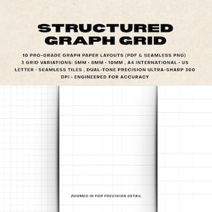 May include: A digital collection of 10 structured graph paper layouts featuring 5mm, 8mm, and 10mm grid variations. The text reads: STRUCTURED GRAPH GRID, 10 PRO-GRADE GRAPH PAPER LAYOUTS (PDF & SEAMLESS PNG), 3 GRID VARIATIONS: 5MM - 8MM - 10MM, A4 INTERNATIONAL - US LETTER - SEAMLESS TILES, DUAL-TONE PRECISION ULTRA-SHARP 300 DPI - ENGINEERED FOR ACCURACY, and ZOOMED IN FOR PRECISION DETAIL.