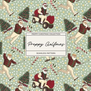 May include: A seamless pattern on a light green background with white polka dots and yellow stars. The design features Santa Claus playing golf, driving a golf cart, and decorated Christmas trees with candy canes. Text reads: PREPPY CHRISTMAS COLLECTION Preppy Golfmas SEAMLESS PATTERN.