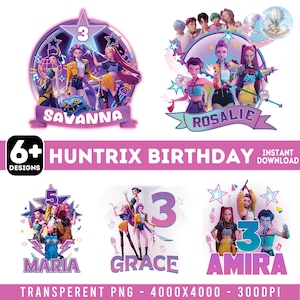 May include: Digital designs for birthday party decorations. The image features several designs with cartoon characters, stars, and the names Savanna, Rosalie, Maria, Grace, and Amira. Each design includes a number, such as 3 or 5.