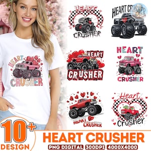 Könnte beinhalten: Ein weißes T-Shirt mit verschiedenen "Heart Crusher" Designs. Die Designs zeigen Monstertrucks, Herzen und den Text "Heart Crusher". Das Bild enthält auch den Text "10+ DESIGN" und "PNG DIGITAL 300DPI 4000X4000".