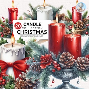 20+ Watercolor Christmas Candle Clipart Bundle, Christmas Bundle Png, Christmas Decoration Png, Printable Watercolor Clipart, Commercial Use