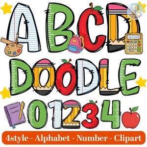 Puede incluir: Un conjunto de imágenes prediseñadas coloridas con temática escolar que presenta el alfabeto, los números y la palabra "DOODLE". Cada letra y número está diseñado de forma única con útiles escolares como lápices, manzanas y cuadernos. El texto "4style - Alphabet - Number - Clipart" está en la parte inferior.