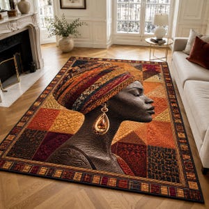 African Woman Turban Portrait Area Rug, Afrocentric Queen Patchwork Runner Rug, African Lady Earring KitchenMat, African Doormat, Afro Decor