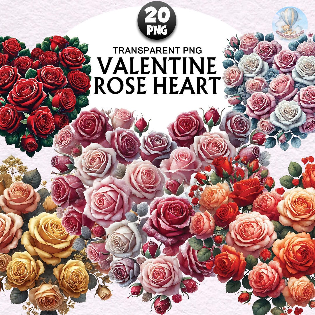 20+ Valentines Heart Clipart Bundle, Watercolor Rose Heart Png, Floral ...
