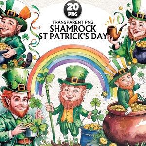 20+ Kleeblatt Clipart Bundle, Aquarell Kobold Png, Kleeblatt Clipart, Topf Mit Gold Png, Regenbogen Clipart, Grünes Band Png