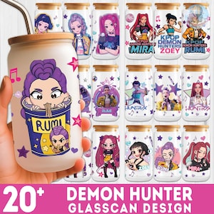 May include: A collection of glass cans with bamboo lids, featuring colorful anime-style illustrations of characters. The designs include the text "KPOP DEMON HUNTERS" and character names. The image also includes the text "20+ DEMON HUNTER GLASSCAN DESIGN".