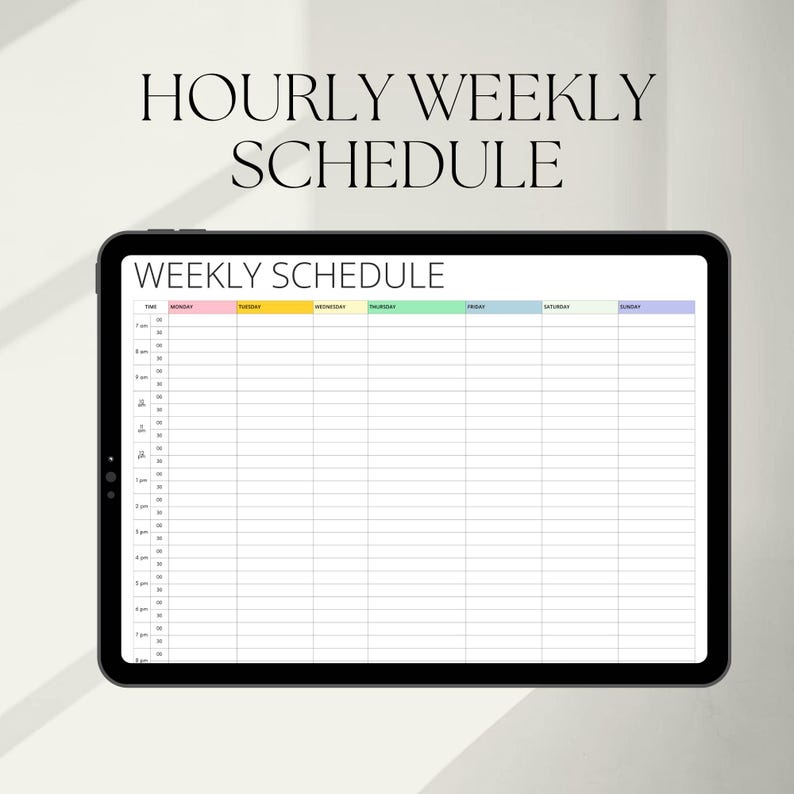 May include: A digital weekly schedule planner on a tablet screen. The planner is divided into hours from 7 am to 9 pm and days of the week. Each day has a different coloured header: Monday (pink), Tuesday (yellow), Wednesday (green), Thursday (light green), Friday (blue), Saturday (light blue), and Sunday (purple).
