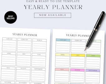 Minimalist Yearly Planner, White and Black Colorful Planner, Annual Schedule Printable Planner, Digital Download