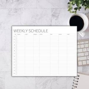 May include: A black and white printable weekly schedule planner with the title "WEEKLY SCHEDULE" at the top. The planner has columns for each day of the week and rows for each hour of the day.