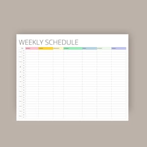 May include: A weekly schedule planner with a blank grid for each day of the week. The days are labelled Monday through Sunday with coloured headers. The time is listed on the left side of the grid from 7 am to 7 pm.
