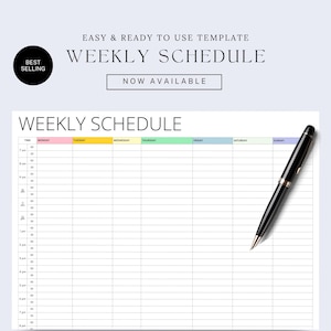 Puede incluir: Una plantilla de horario semanal imprimible con un bolígrafo negro. La plantilla tiene columnas para cada día de la semana y filas para cada hora del día. La plantilla está etiquetada como "Horario semanal" y está disponible para descargar.