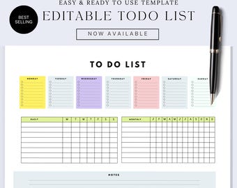 Daily to Do List Template, Editable To Do Checklist, Productivity Tracker Template, Checklist Planner, Instant Download