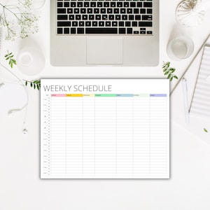 May include: A printable weekly schedule planner with a simple design. The planner has a column for each day of the week, with a time slot for each hour. The days of the week are colour-coded with pastel colours.