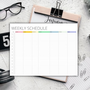 May include: A printable weekly schedule planner with a light blue, light green, yellow, pink, and grey colour scheme. The planner has a column for each day of the week, with time slots from 7:00 AM to 8:00 PM. The planner has the text "WEEKLY SCHEDULE" at the top.