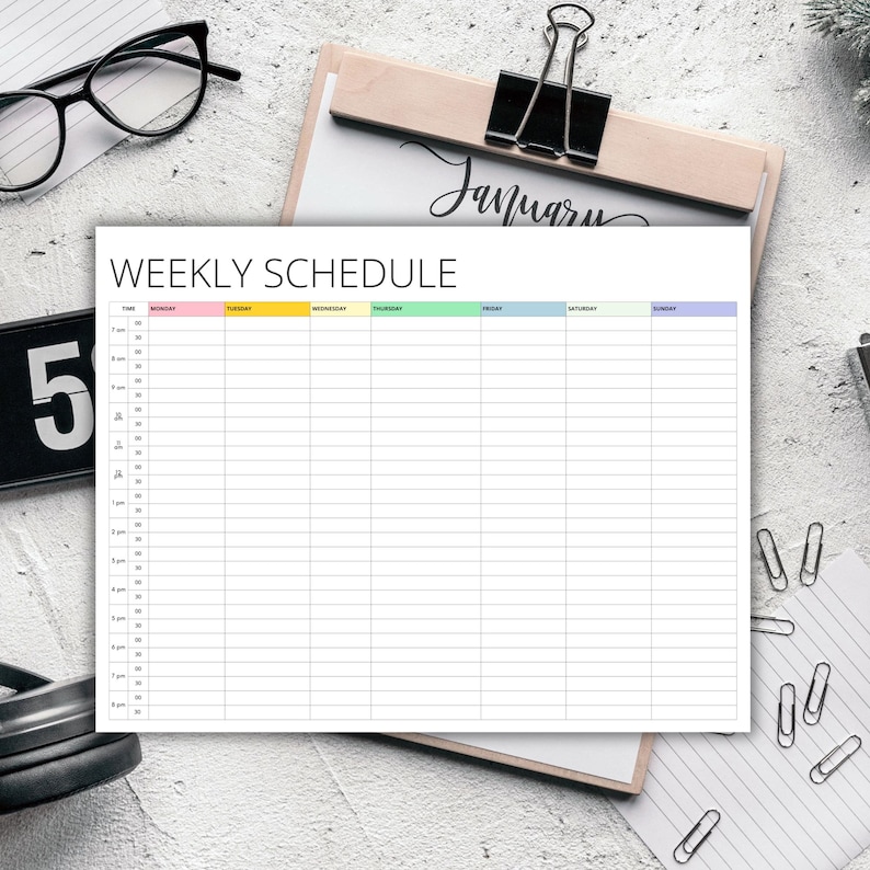 May include: A printable weekly schedule planner with a light blue, light green, yellow, pink, and grey colour scheme. The planner has a column for each day of the week, with time slots from 7:00 AM to 8:00 PM. The planner has the text "WEEKLY SCHEDULE" at the top.
