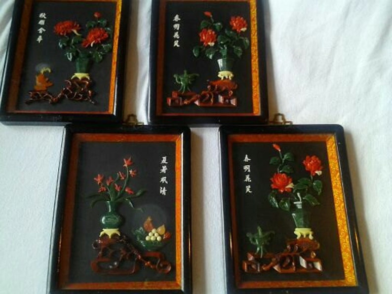 Jade Coral Soapstone and Teak wood Chinese wall hanging Etsy