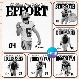 May include: A collection of black and white digital art prints featuring football players. Each print includes text such as "EFFORT", "STRENGTH", "#1 CHEERLEADER", "LOUDER CHEER", "FOREVER FAN", and "BIGGEST FAN". The prints are designed with a vintage aesthetic.