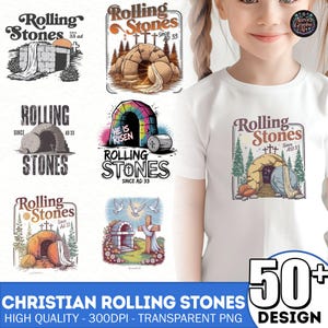 May include: A white t-shirt featuring a graphic design of a stone tomb with the text Rolling Stones Since AD 33. The design includes pine trees and three crosses. Additional variations of the tomb graphic are displayed to the left of the shirt.