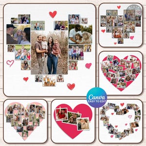 May include: A collection of family photos arranged in heart and square shapes, with red heart accents. The photos depict various family moments, including portraits and candid shots. The Canva logo is visible.