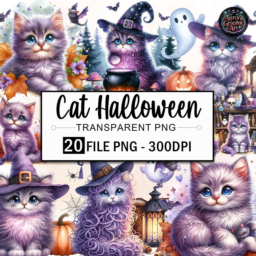 Witch Hat Cat Clipart Bundle, Watercolor Halloween Cat Png, Black Cat ...
