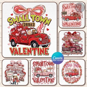 May include: Valentine's Day designs featuring a red truck laden with gifts and hearts. The designs include the words "Small Town Valentine" and "Sweetheart Valentine" with a bow and the number 38863. The designs are in a square format.