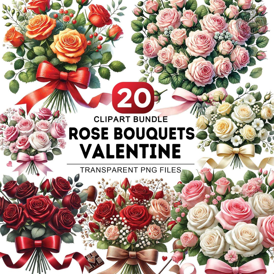Floral Bouquets Clipart Bundle, 20 PNG Watercolor Rose Bouquets, Pink ...