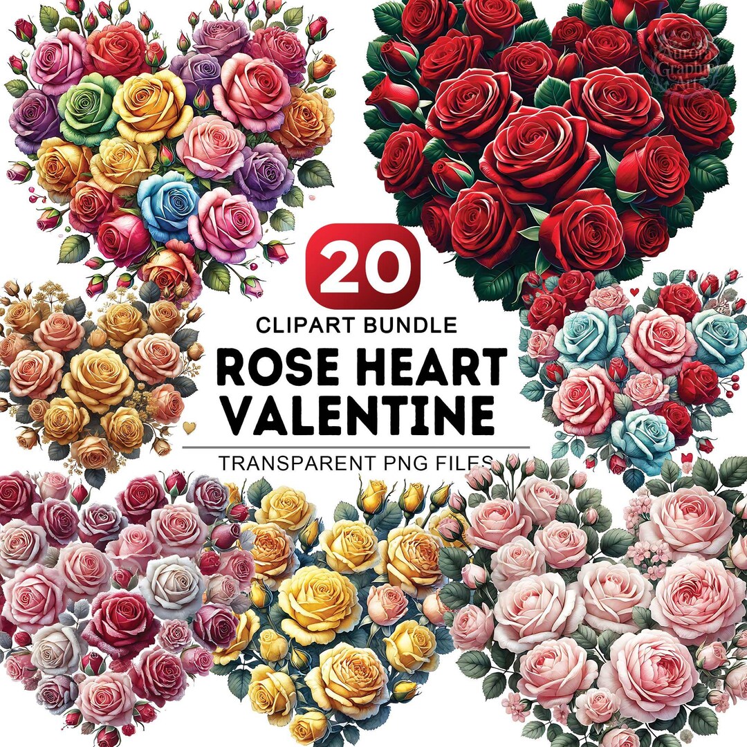 Floral Bouquets Clipart Bundle, 20 PNG Watercolor Rose Heart ...