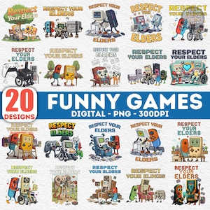 May include: A collection of 20 digital designs featuring humorous illustrations of vintage gaming consoles and controllers. Each design includes the text "Respect Your Elders". The designs are in PNG format at 300 DPI.