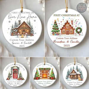 May include: White ceramic Christmas ornaments with gold hanging cords. Each ornament features a festive design, including houses, a gingerbread house, and a fireplace. Text includes "First Christmas" and "Custom Your Address".