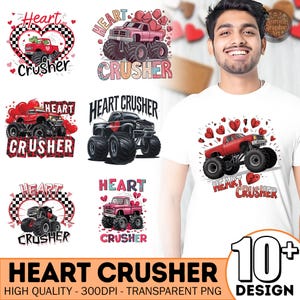 Könnte beinhalten: Eine Sammlung digitaler Designs mit Monstertrucks und dem Text "Heart Crusher". Die Designs zeigen rote, rosa und schwarze Trucks mit Herz- und Schachbrettmustern. Der Ausdruck "Heart Crusher" wird in verschiedenen Schriftarten angezeigt.