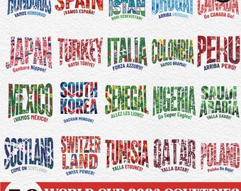May include: A digital collection of 50 country names designed with thematic patterns and national colors, including text like Honduras, Spain, Japan, and others. The bottom features the text 50 WORLD CUP 2026 COUNTRIES PNG DIGITAL 300DPI 4000X4000.